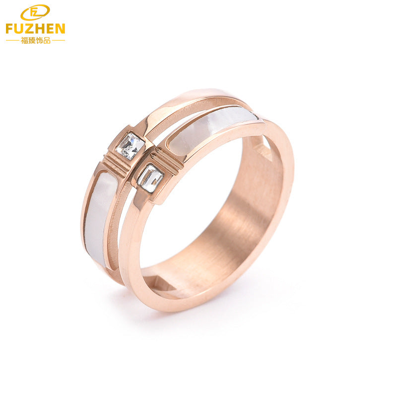 Women's White Mother-of-Pearl Zircon Stainless Steel Ring