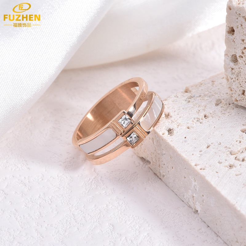 Women's White Mother-of-Pearl Zircon Stainless Steel Ring