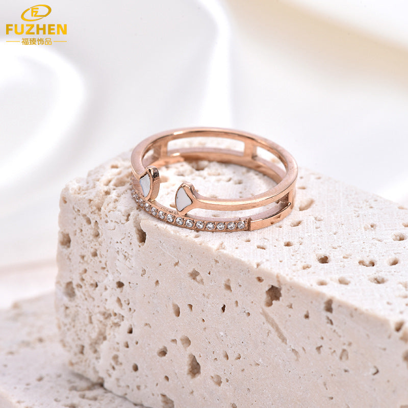 White Mother-of-Pearl Fan-Shaped Double-Layer Ring for Women