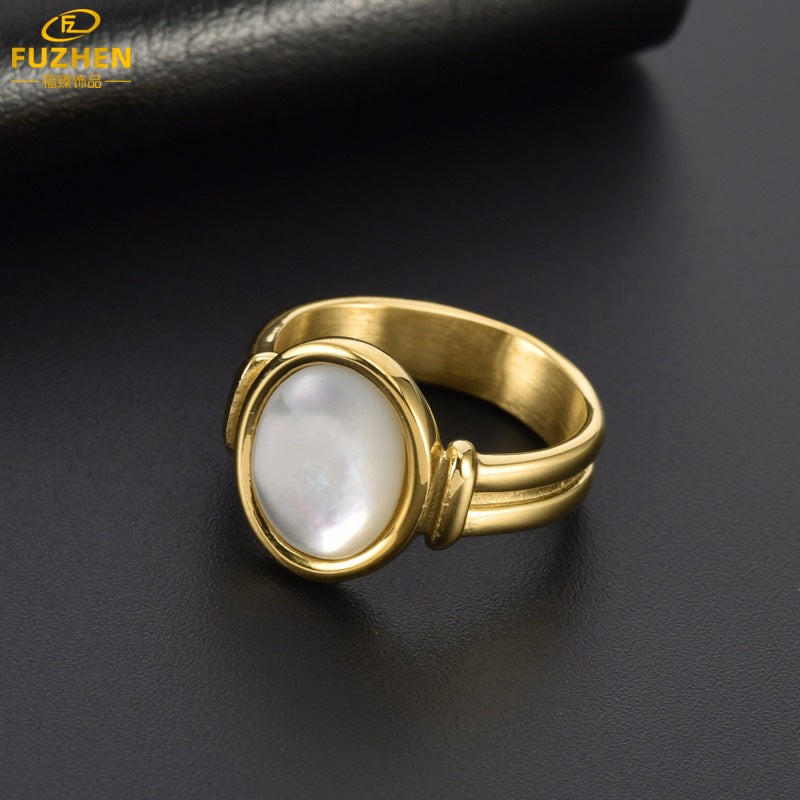 Minimalist White Mother-of-Pearl Stainless Steel Ring for Women