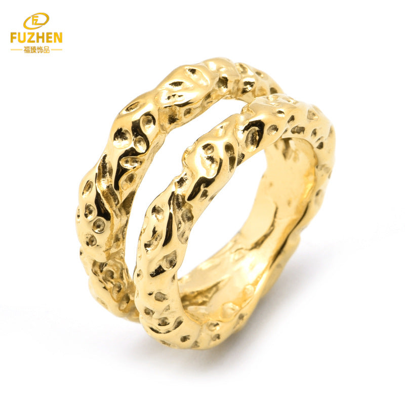Irregular Hammered Double-Layer Stainless Steel Ring for Women