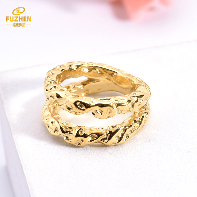 Irregular Hammered Double-Layer Stainless Steel Ring for Women