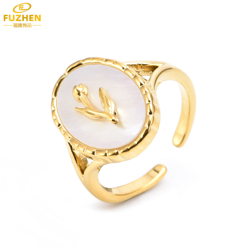 White Shell Tulip Open Ring in Titanium Steel for Women