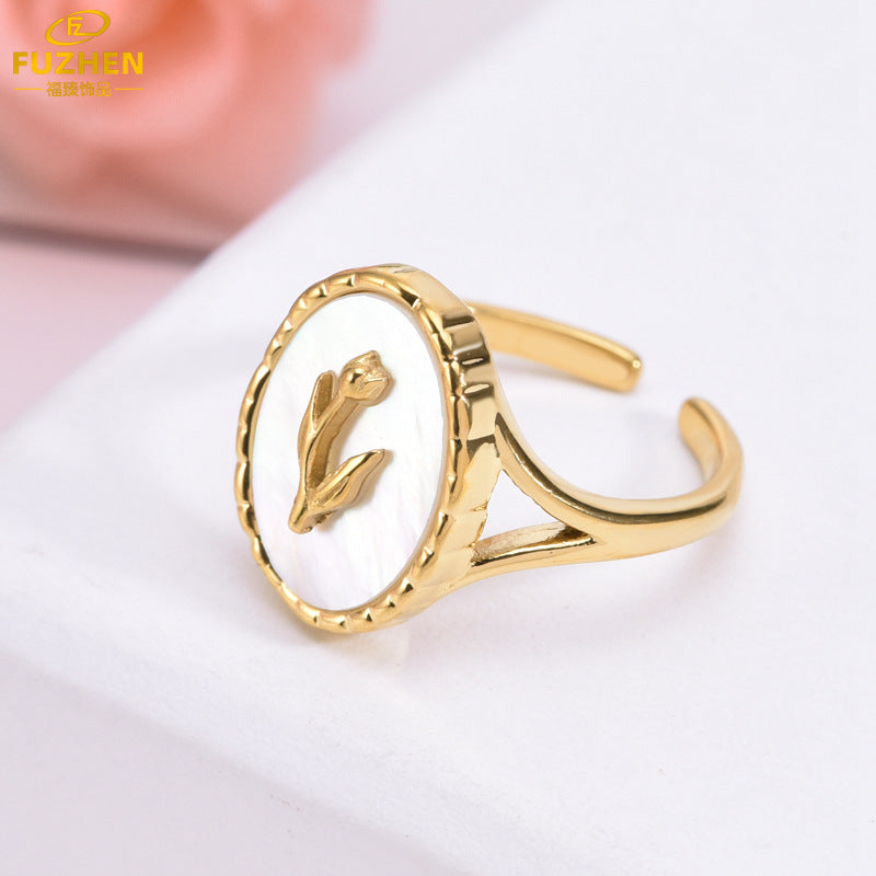White Shell Tulip Open Ring in Titanium Steel for Women