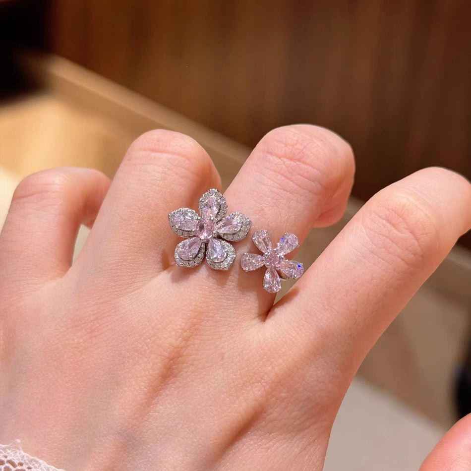 Pink Zircon Double-Flower Ring for Women
