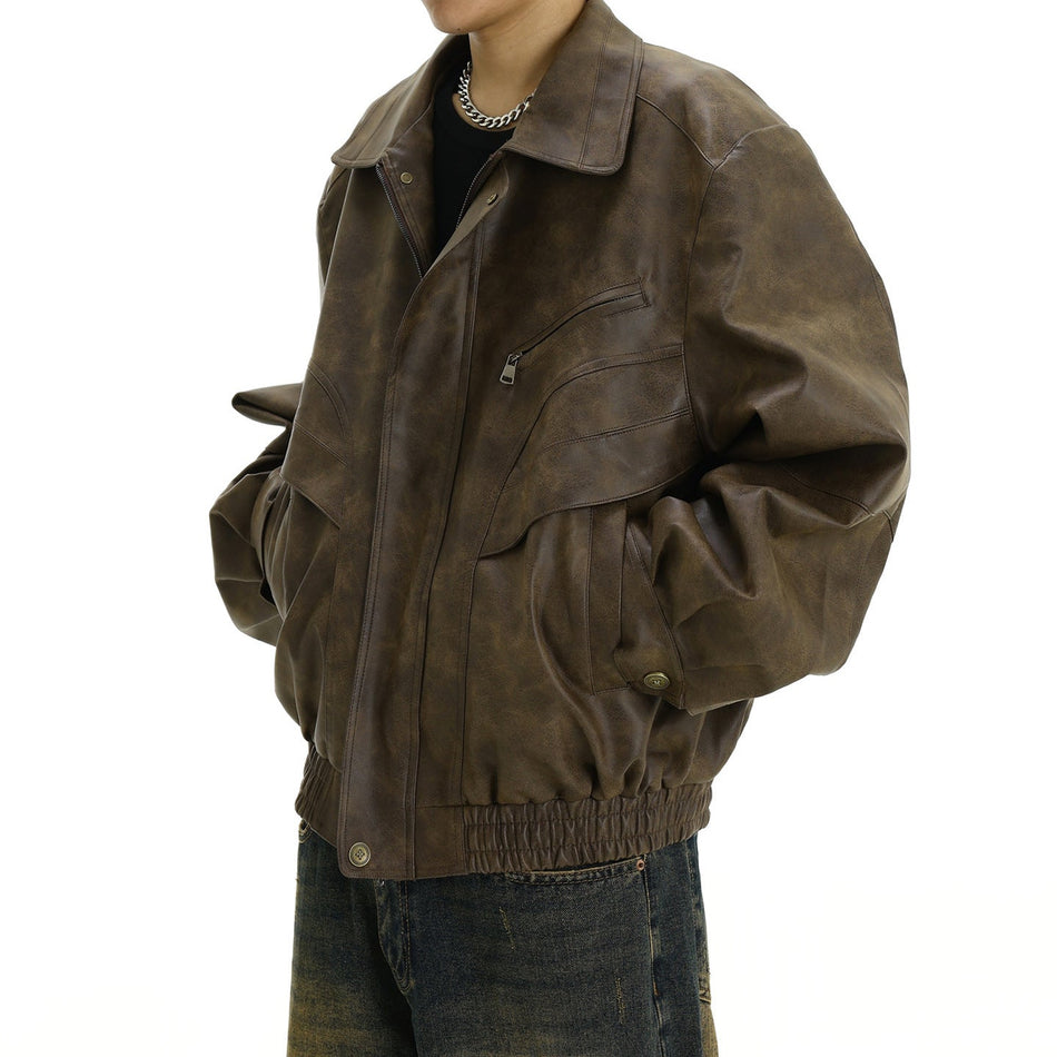 Men's Brown PU Leather Jacket Retro Lapel Jacket