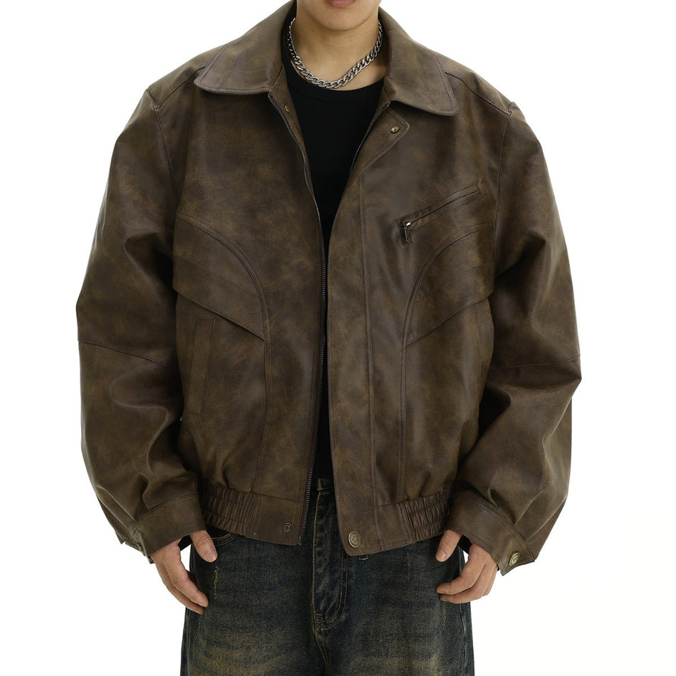 Men's Brown PU Leather Jacket Retro Lapel Jacket