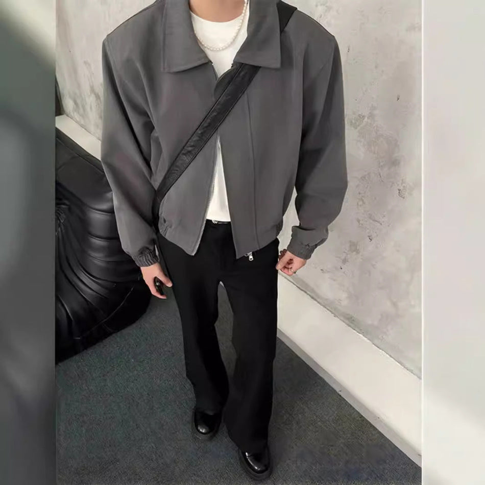 Men's Grey Short Aviator Jacket Lapel Zip Jacket