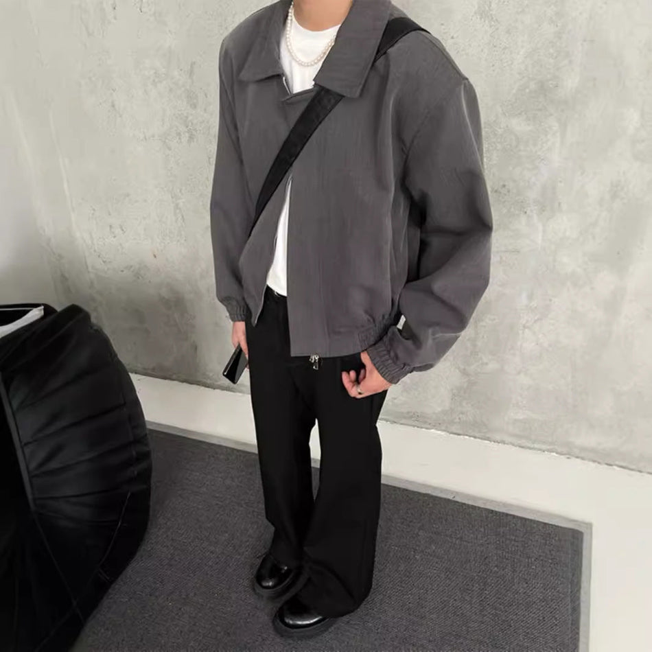 Men's Grey Short Aviator Jacket Lapel Zip Jacket