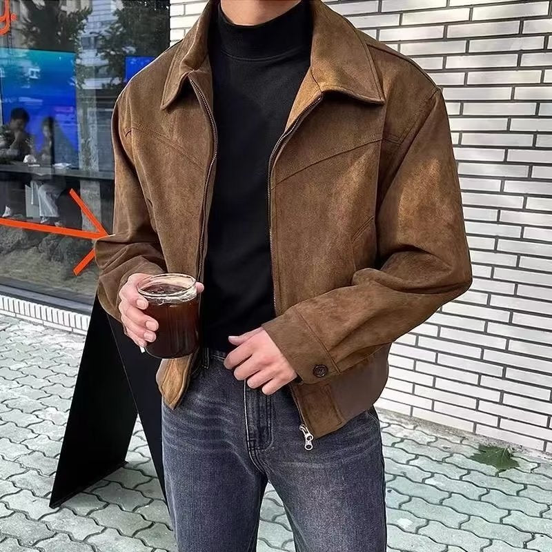 Men's Brown Suede Bomber Jacket Vintage Lapel Jacket