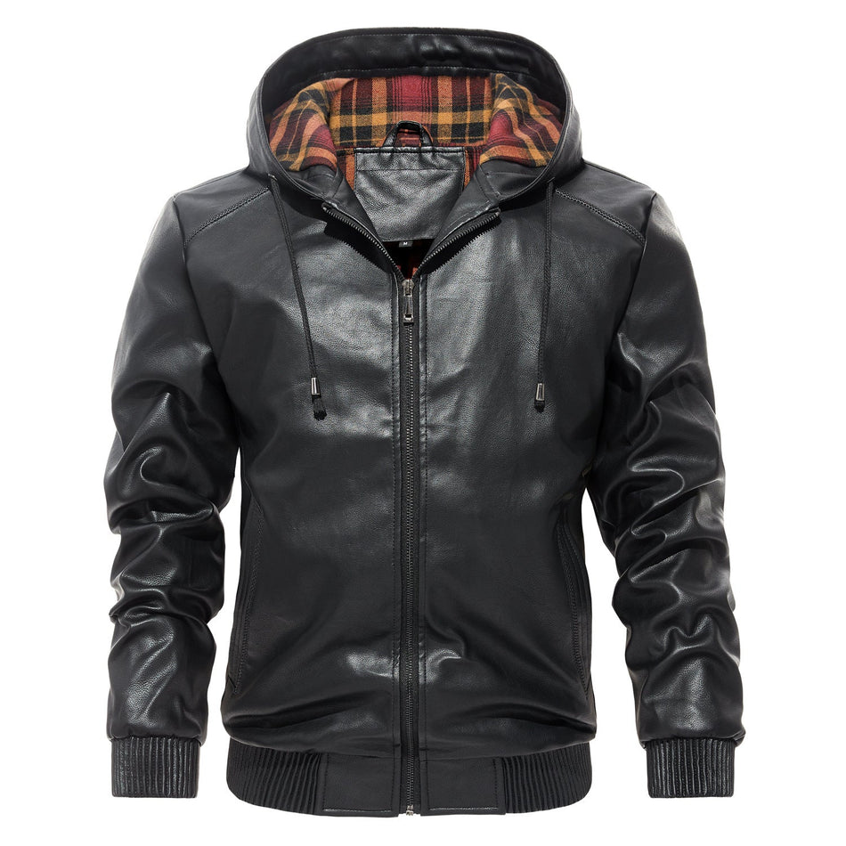 Men's Hooded PU Leather Jacket Casual Winter Coat