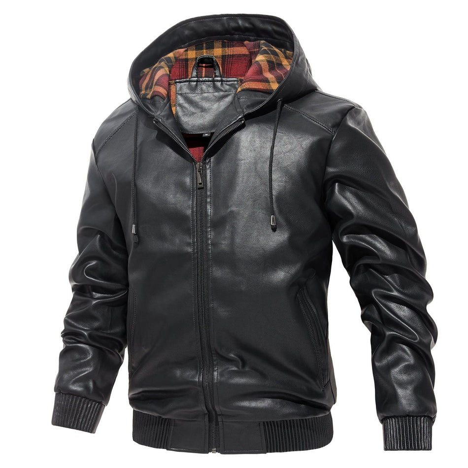 Men's Hooded PU Leather Jacket Casual Winter Coat