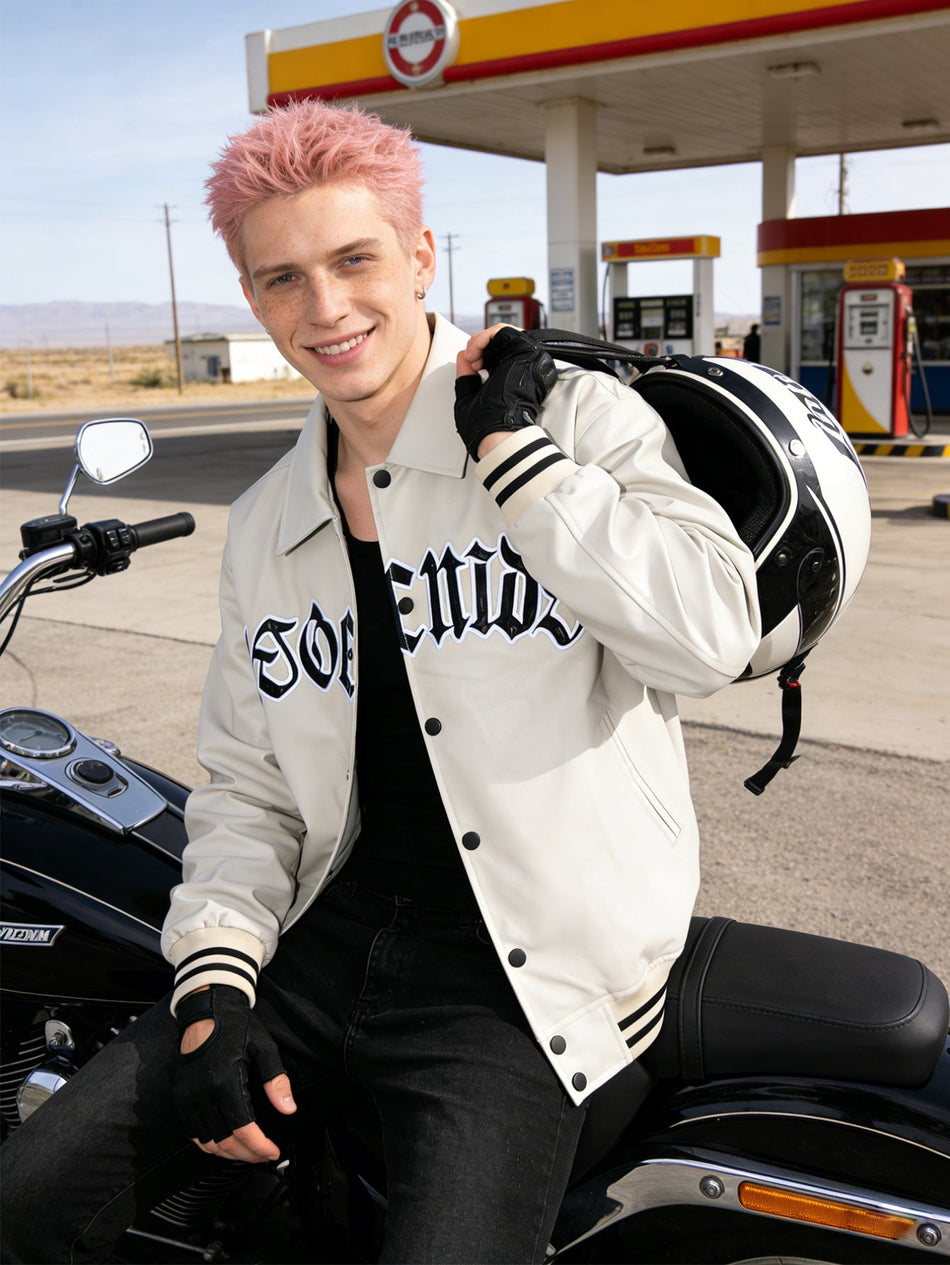 Men's PU Leather Motorcycle Bomber Jacket Embroidered