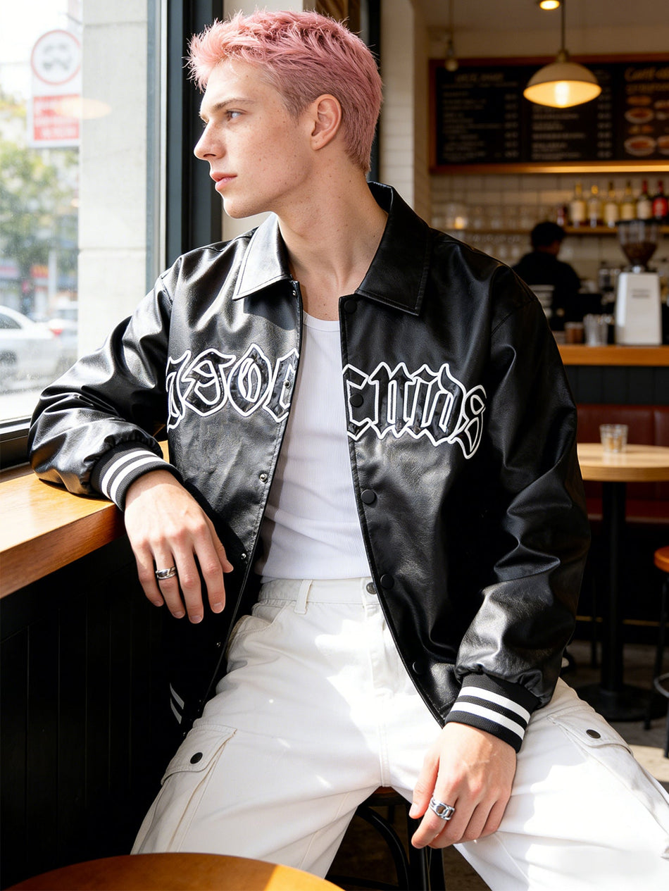 Men's PU Leather Motorcycle Bomber Jacket Embroidered