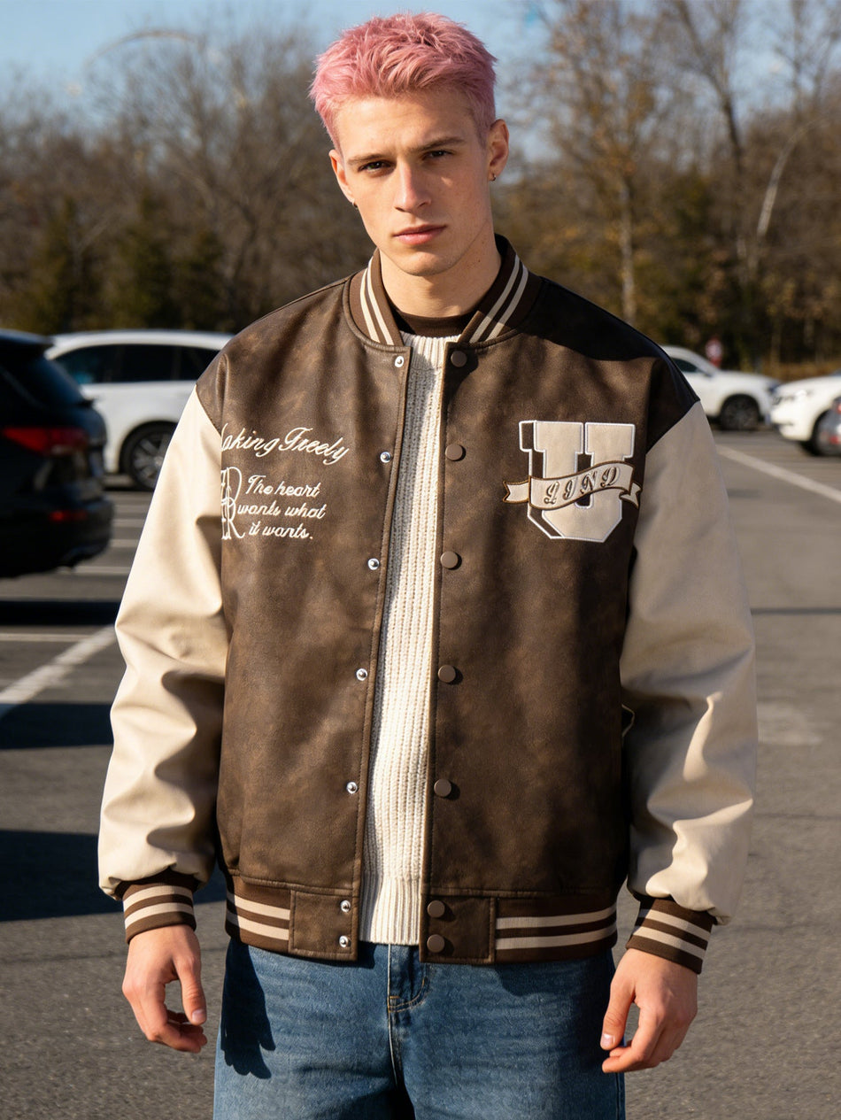 Men's PU Leather Varsity Baseball Jacket Embroidered