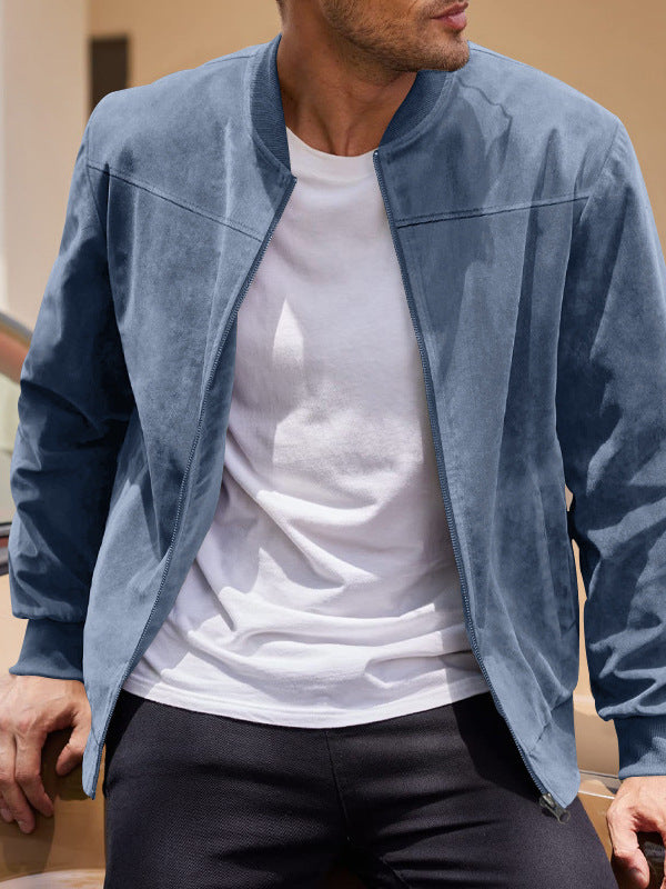 Men's Suede Bomber Jacket Stand Collar Winter Coat