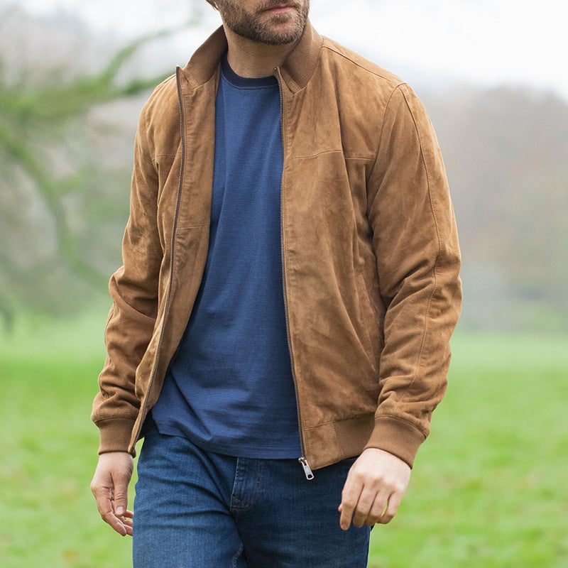 Men's Vintage Suede Pilot Jacket Slim Fit Stand Collar