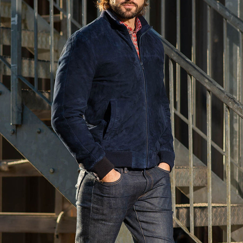 Men's Vintage Suede Pilot Jacket Slim Fit Stand Collar