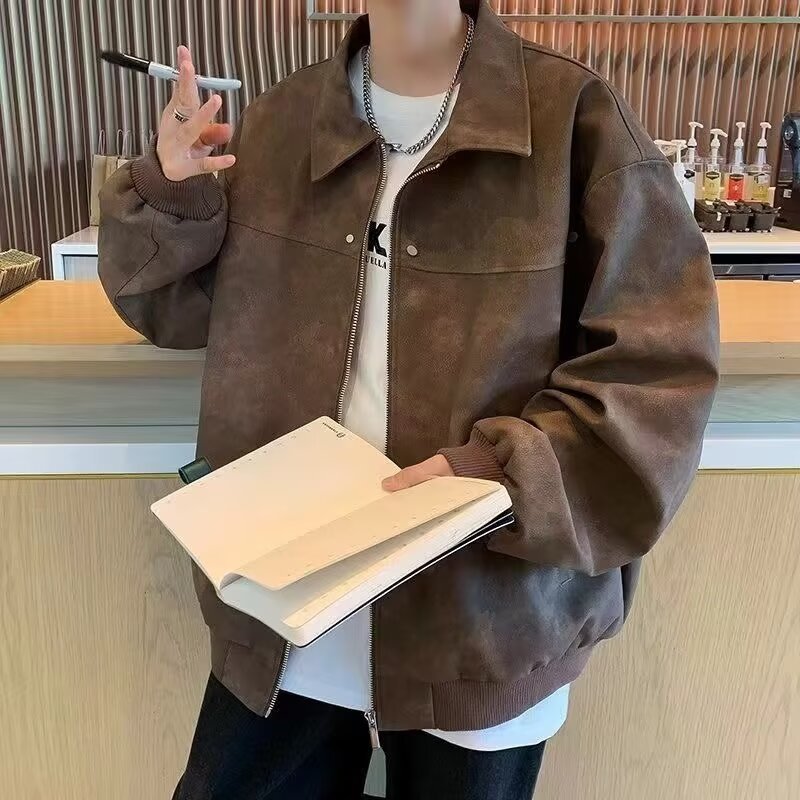 Men's Brown Suede Bomber Jacket Vintage Distressed Style