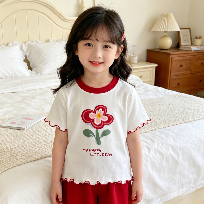 Girls' Floral Ruffle Cotton Short-Sleeve Top