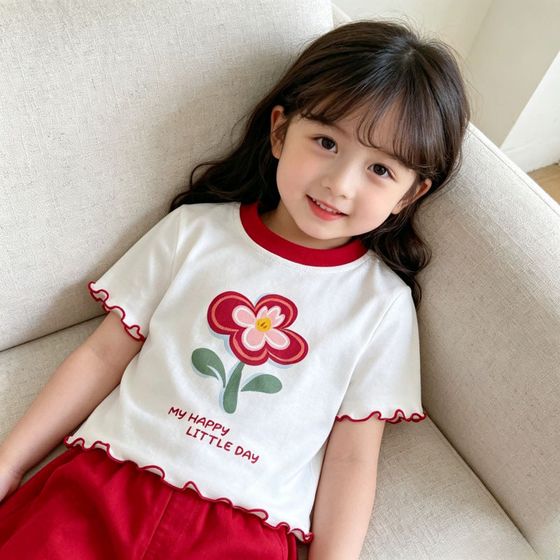 Girls' Floral Ruffle Cotton Short-Sleeve Top