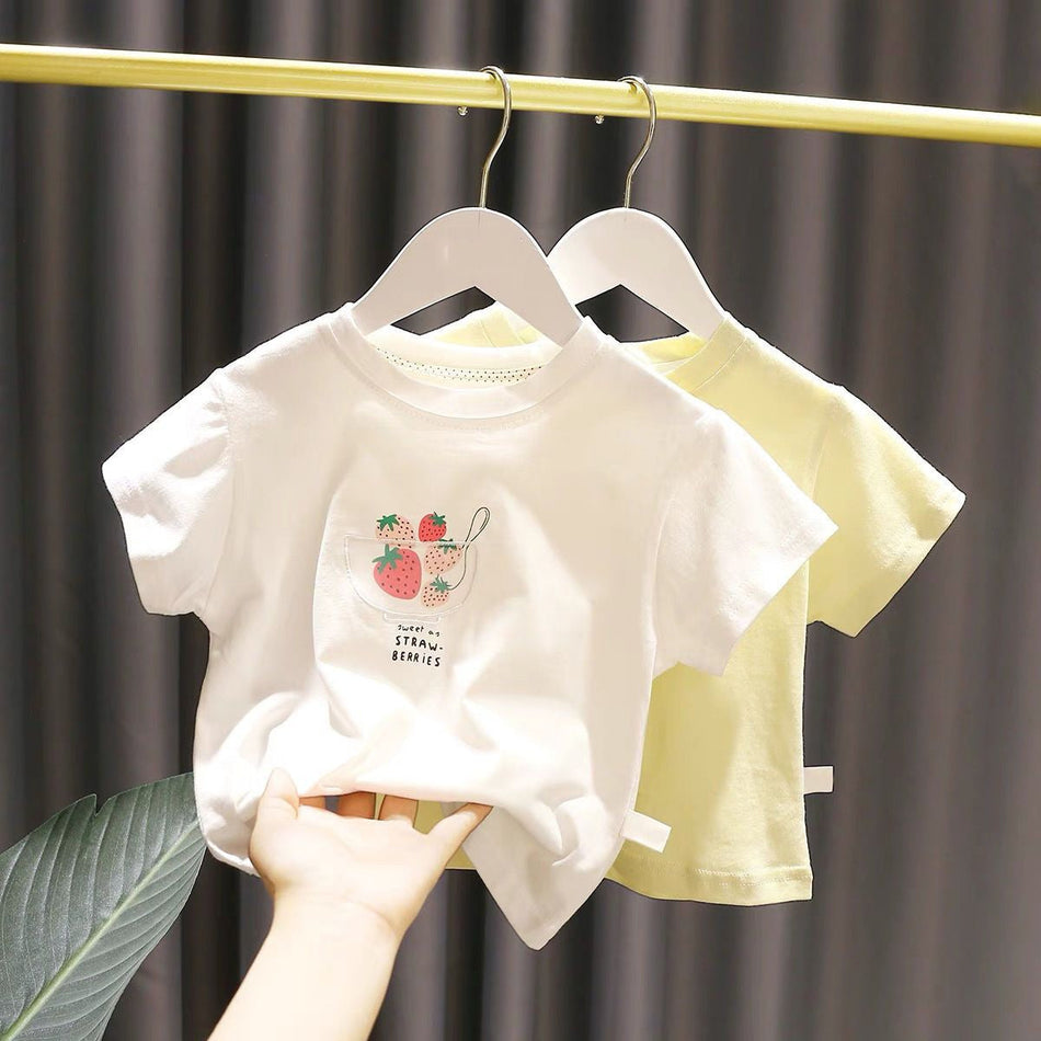 Girls' Strawberry Letter Cotton Short-Sleeve Top