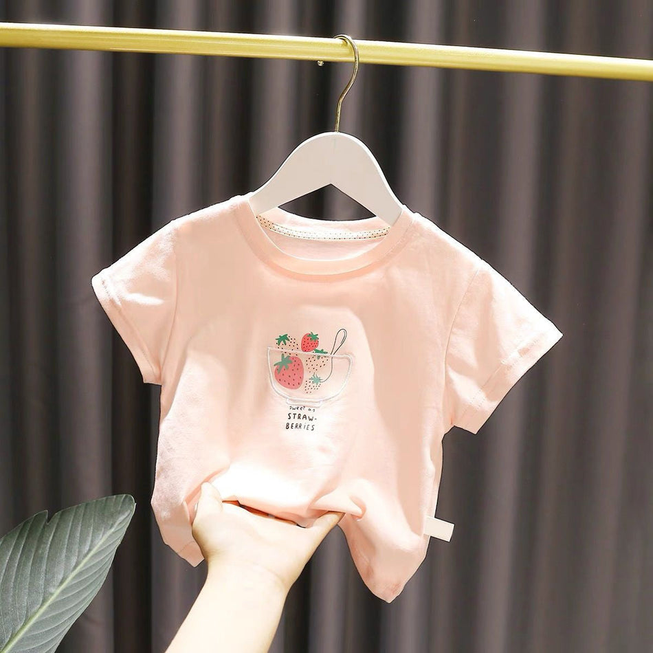 Girls' Strawberry Letter Cotton Short-Sleeve Top