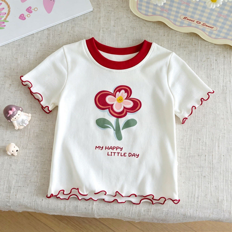 Girls' Floral Ruffle Cotton Short-Sleeve Top