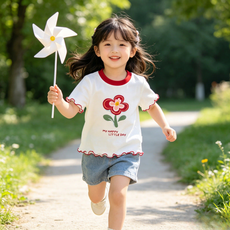 Girls' Floral Ruffle Cotton Short-Sleeve Top