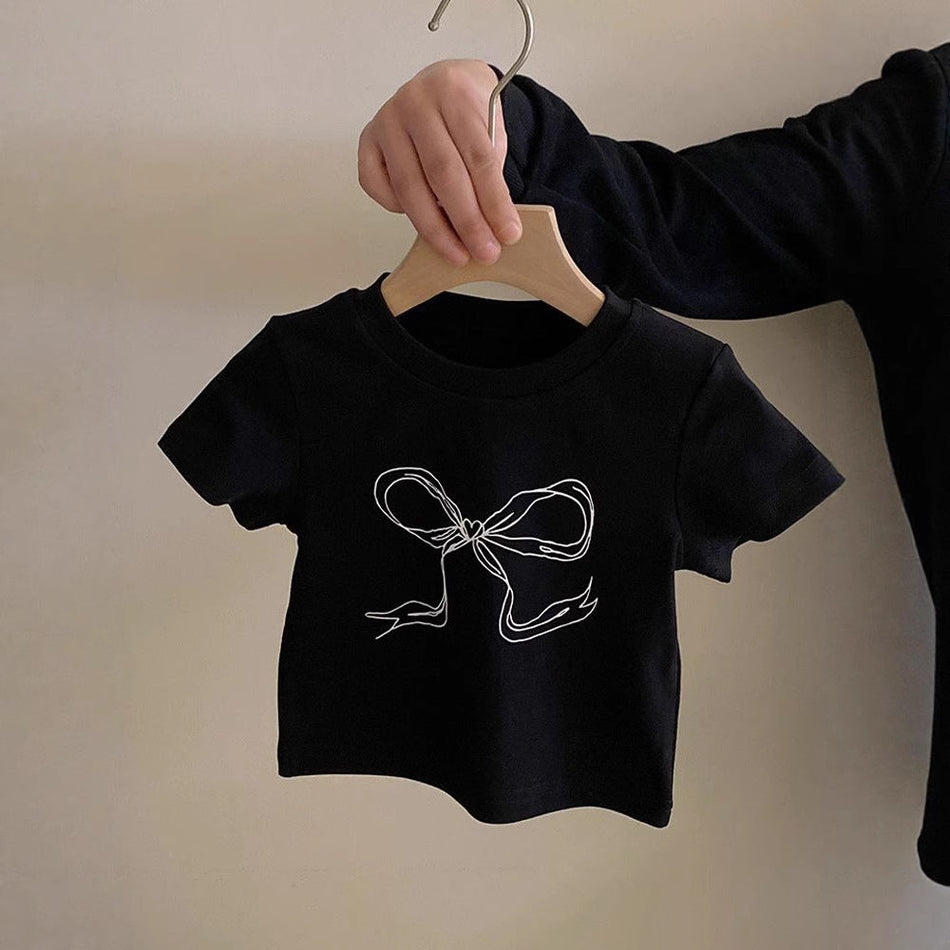Girls' Bow Print Cotton Short-Sleeve Top