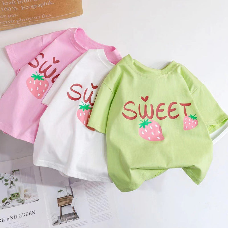 Girls' Strawberry Letter Cotton Short-Sleeve Top