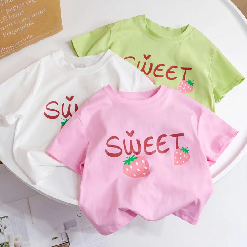 Girls' Strawberry Letter Cotton Short-Sleeve Top