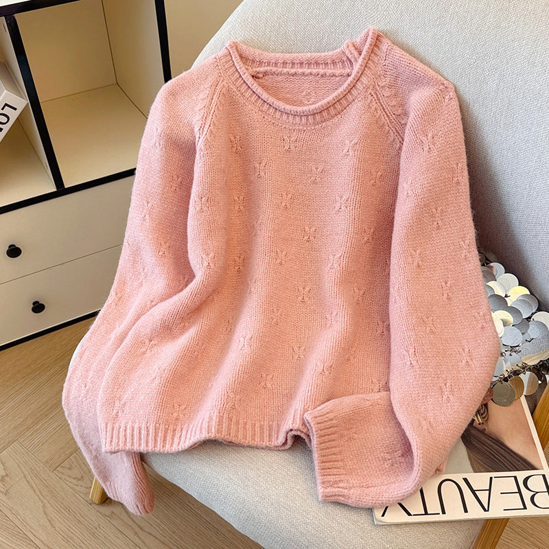 Women's Retro 3D Floral Round Neck Loose Knit Sweater