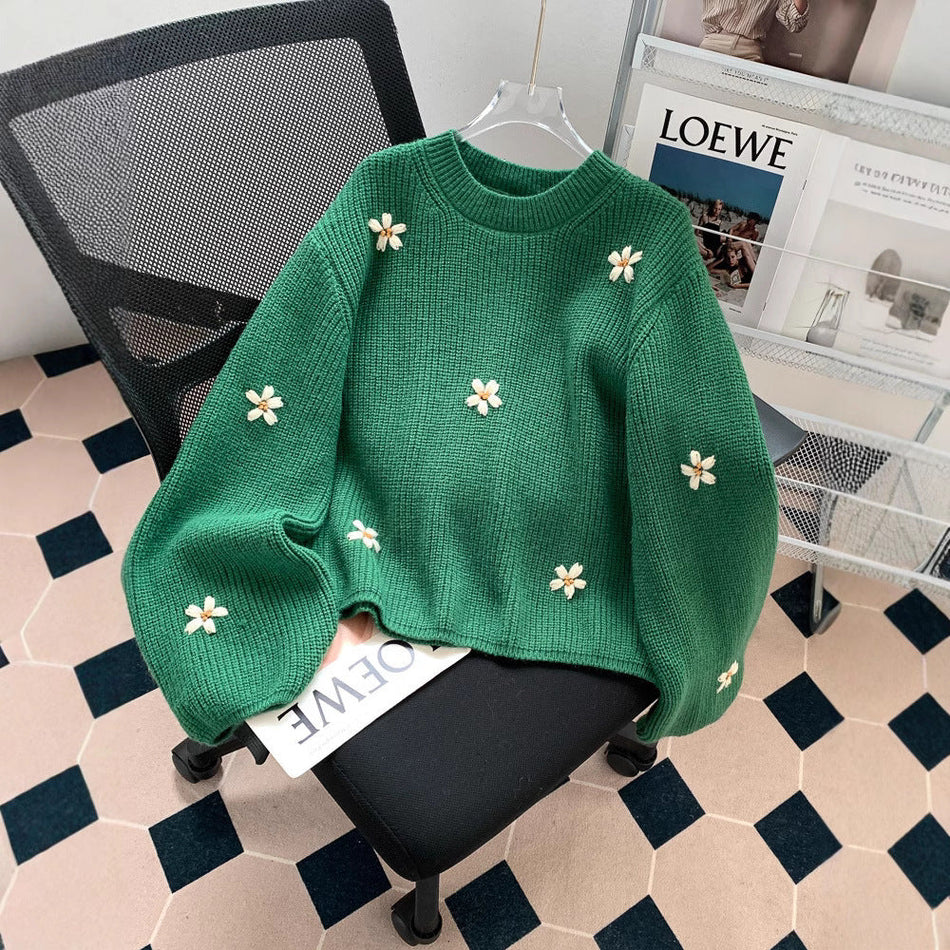 Women's Japanese Retro Floral Embroidered Knit Sweater