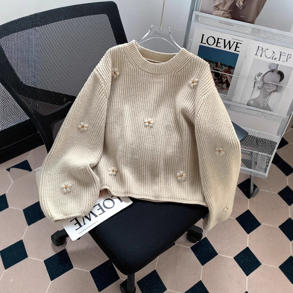 Women's Japanese Retro Floral Embroidered Knit Sweater