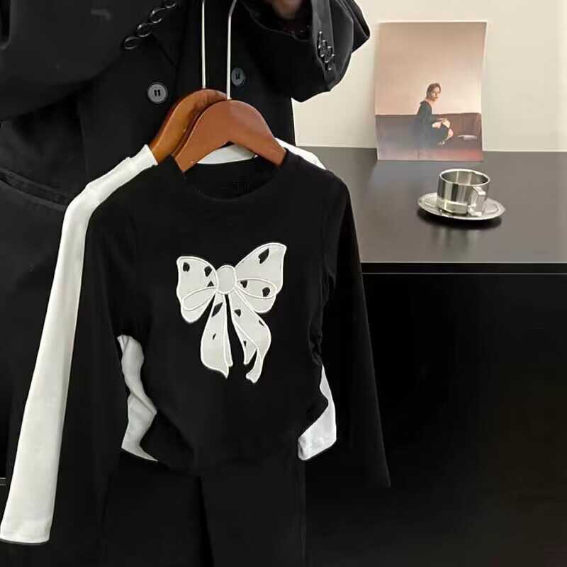 Girls' Bow Print Cotton Blend Long-Sleeve Top