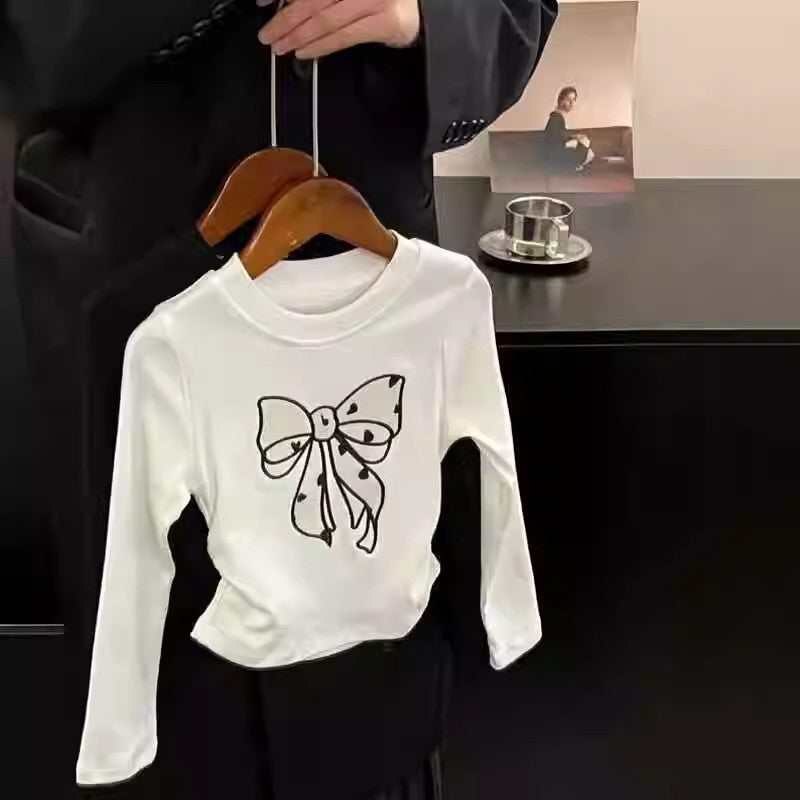 Girls' Bow Print Cotton Blend Long-Sleeve Top