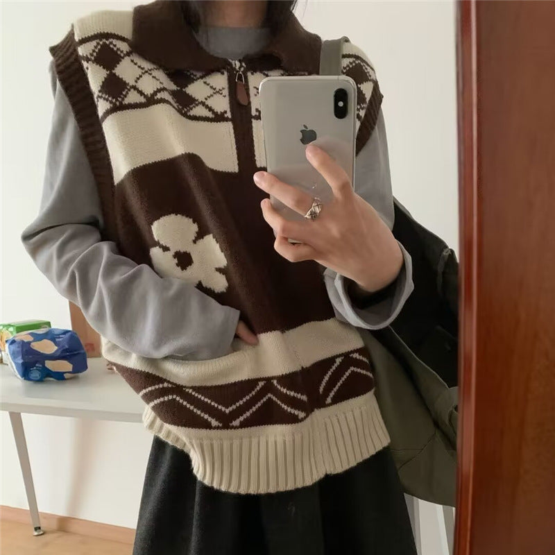 Women's Fair Isle Jacquard Knit Zip Vest with Lapel