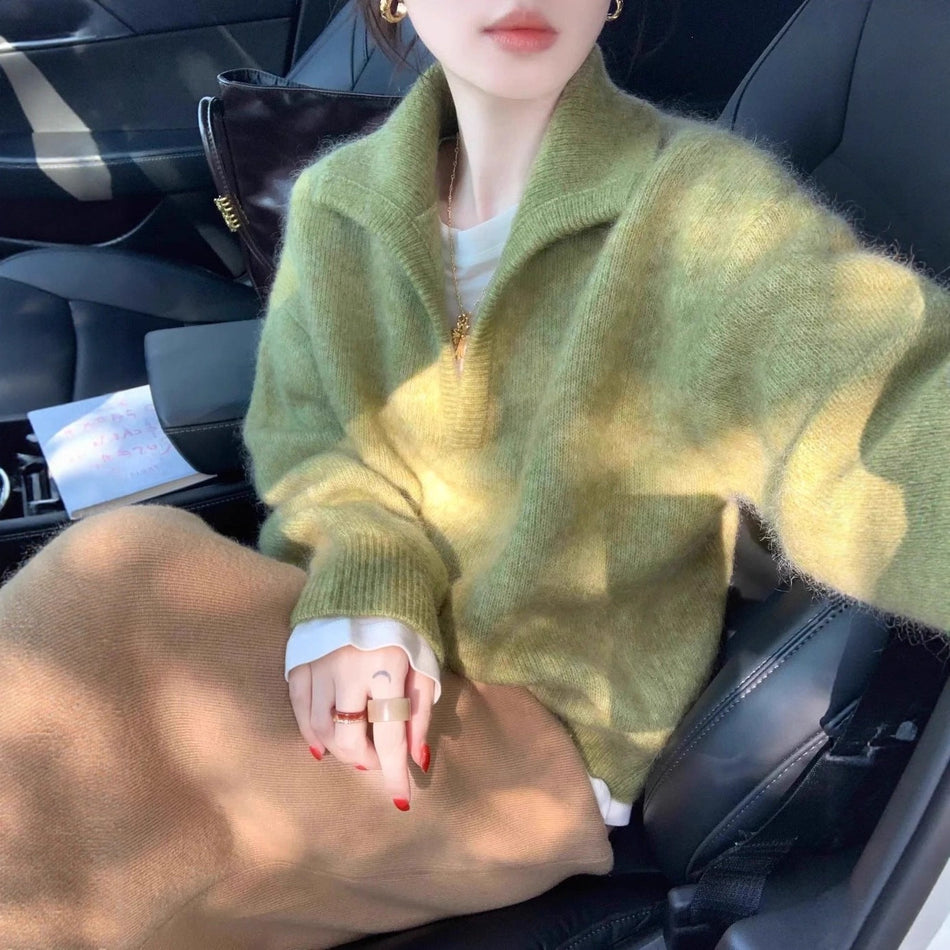 Women's French Style Retro Lapel Loose Knit Sweater