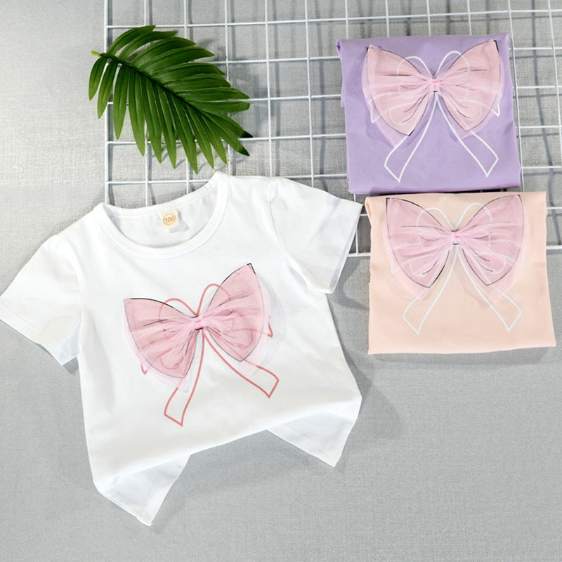 Girls' Sweet Bow Lace Cotton Short-Sleeve Top