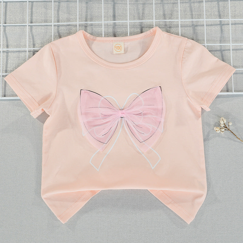 Girls' Sweet Bow Lace Cotton Short-Sleeve Top