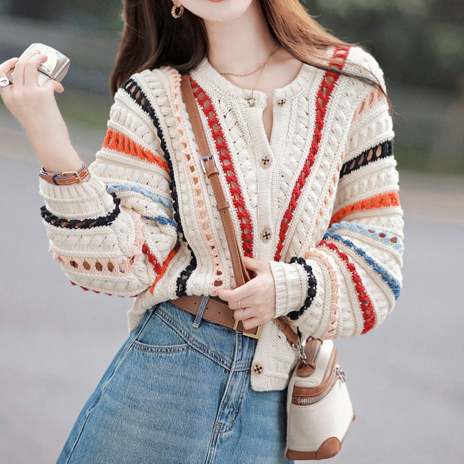 Women's Vintage Rainbow Stripe Hollow Knit Sweater