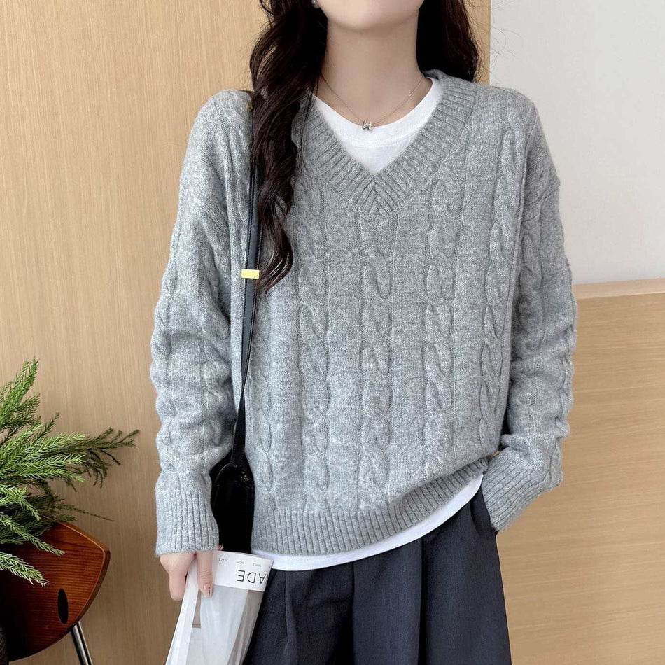 Women's Retro Twist Knit V-Neck Long Sleeve Sweater
