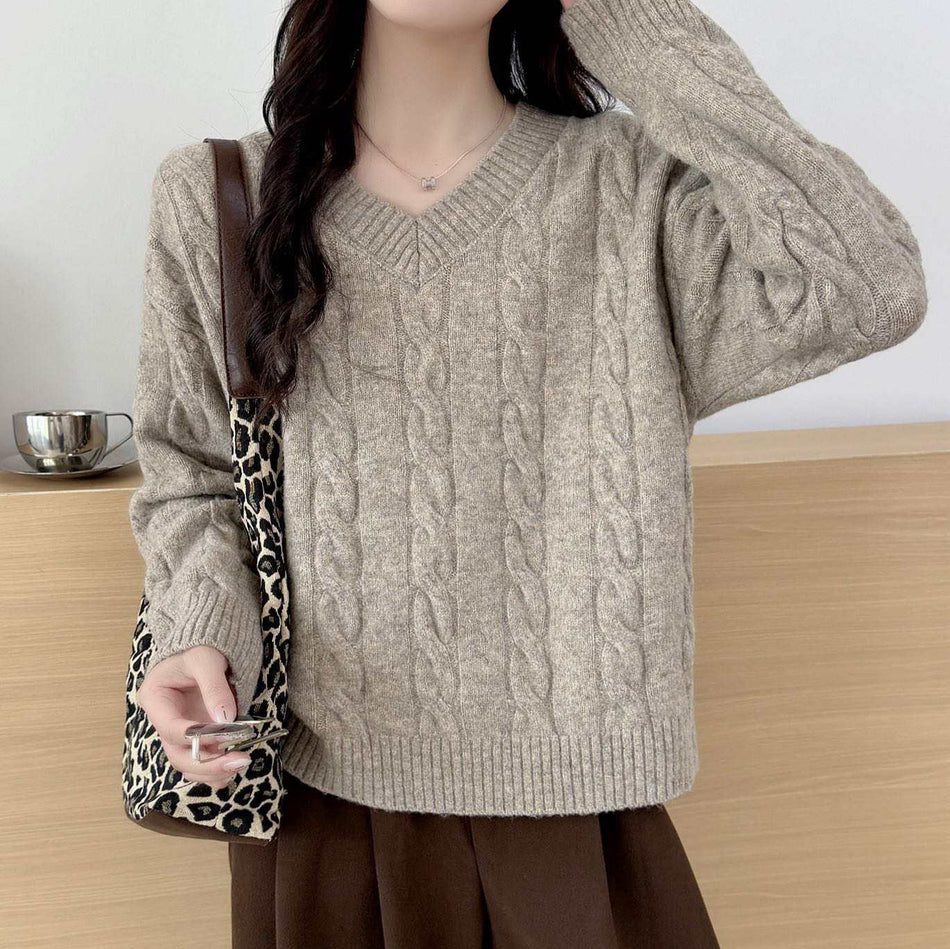 Women's Retro Twist Knit V-Neck Long Sleeve Sweater