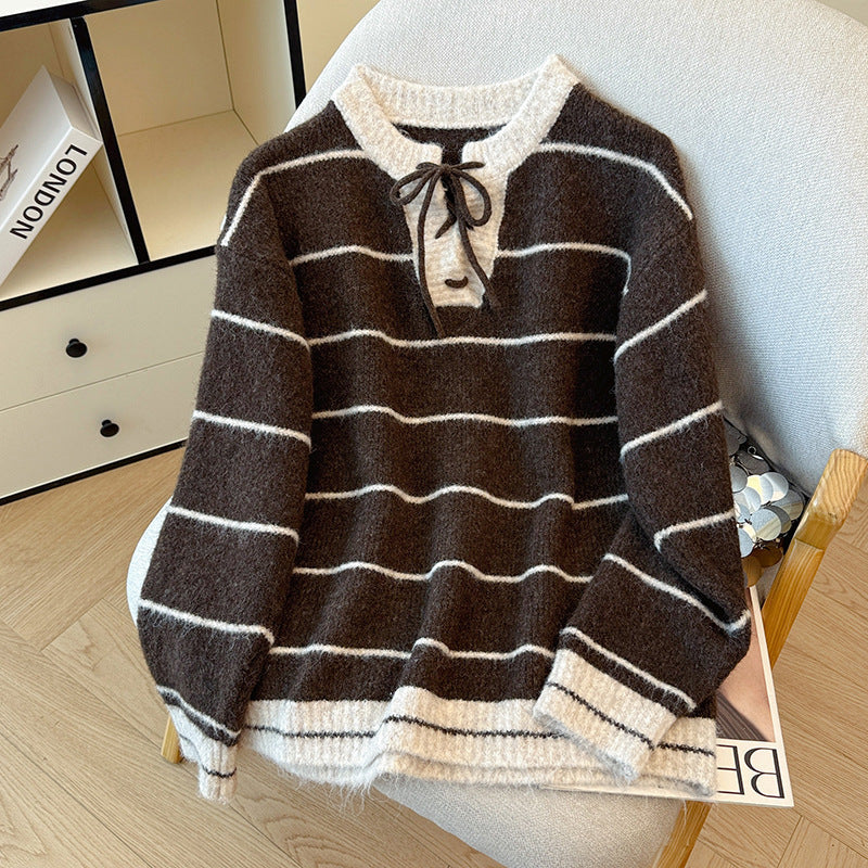 Women's Korean Style Striped Lace-Up Loose Knit Sweater
