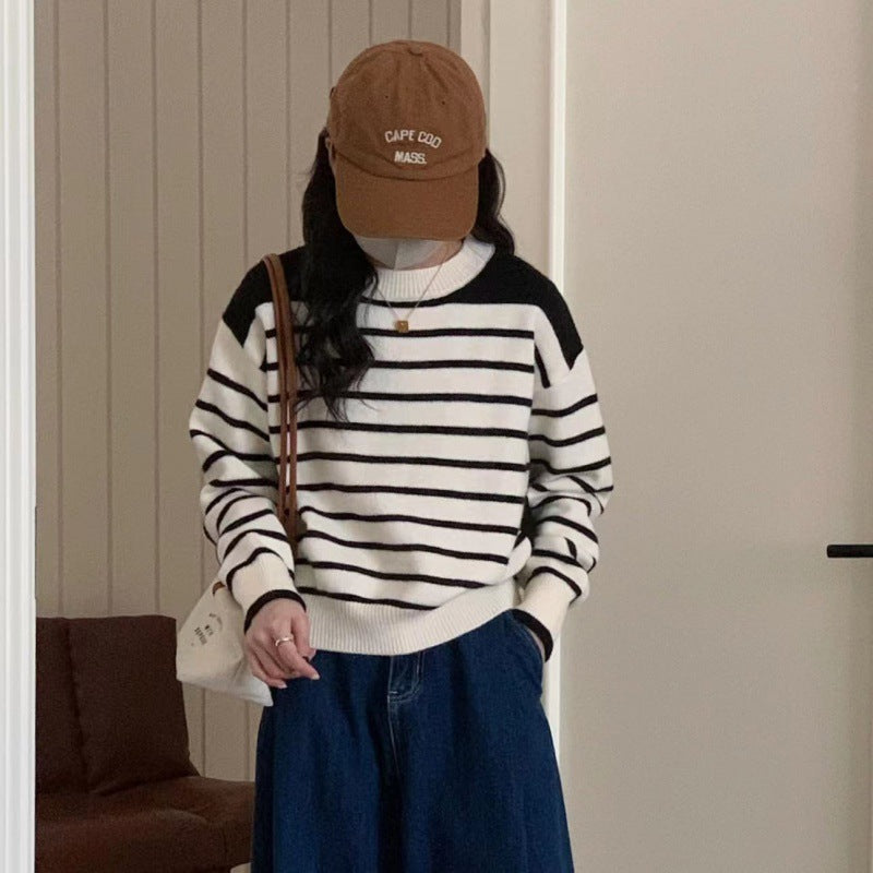 Women's Striped Back-Split Loose Knit College Sweater