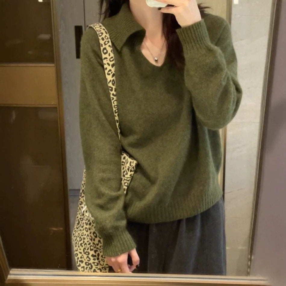Women's Loose Lapel V-Neck Long Sleeve Knit Sweater