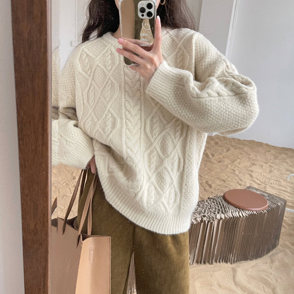 Women's Korean Style Twist Knit Round Neck Sweater