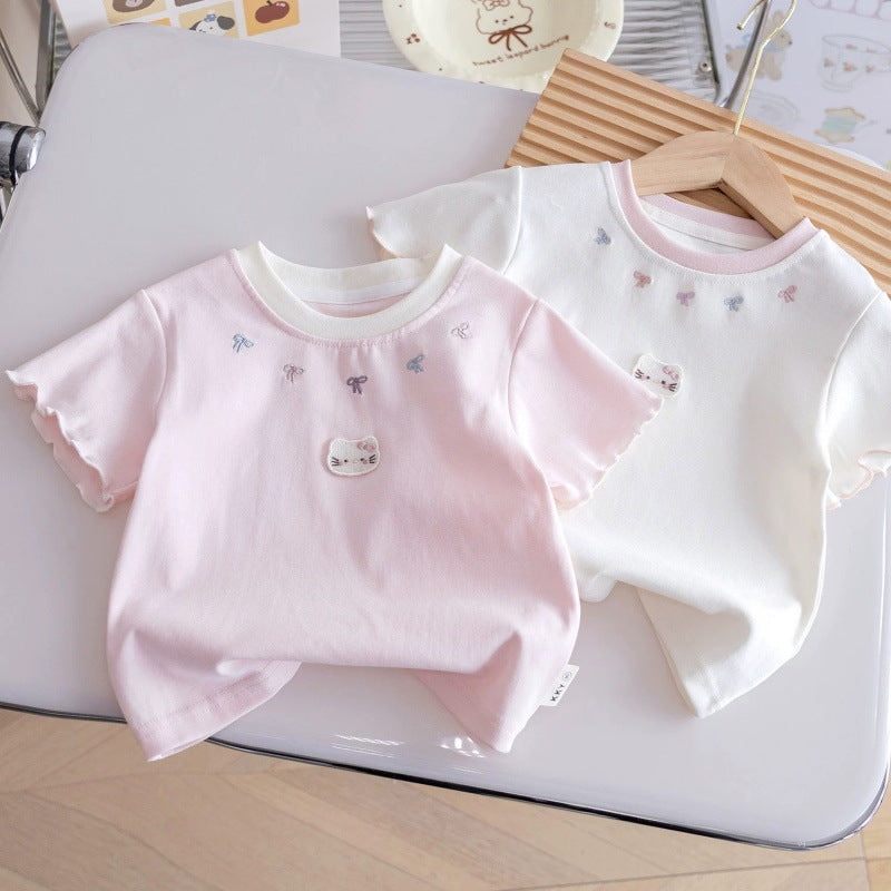 Girls' Lace Cat Bow Cotton Short-Sleeve Top