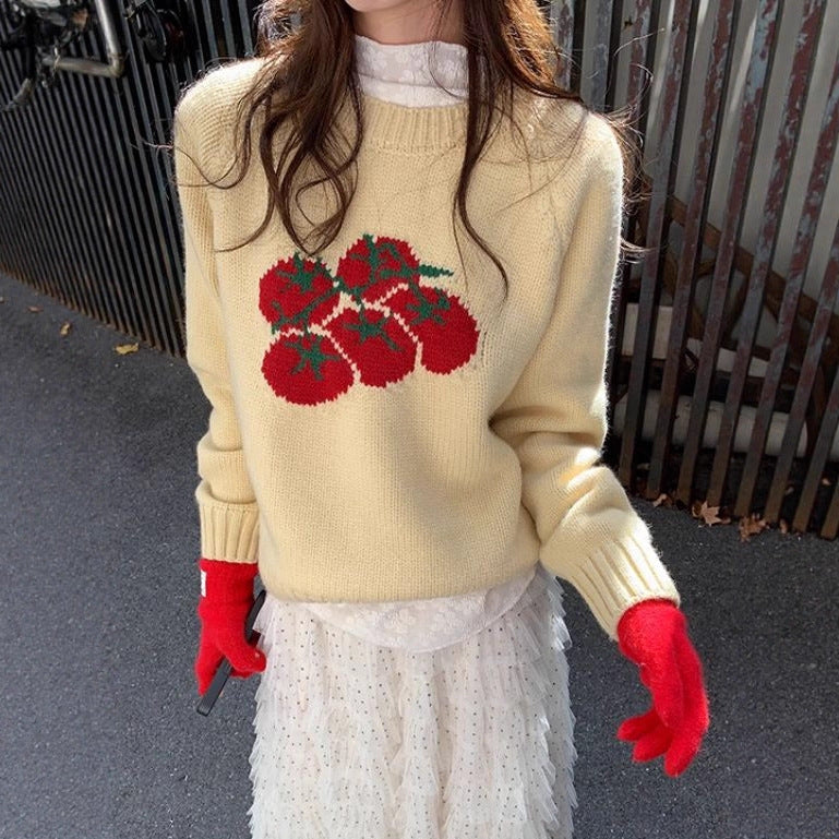 Women's Cute Tomato Graphic Round Neck Knit Sweater